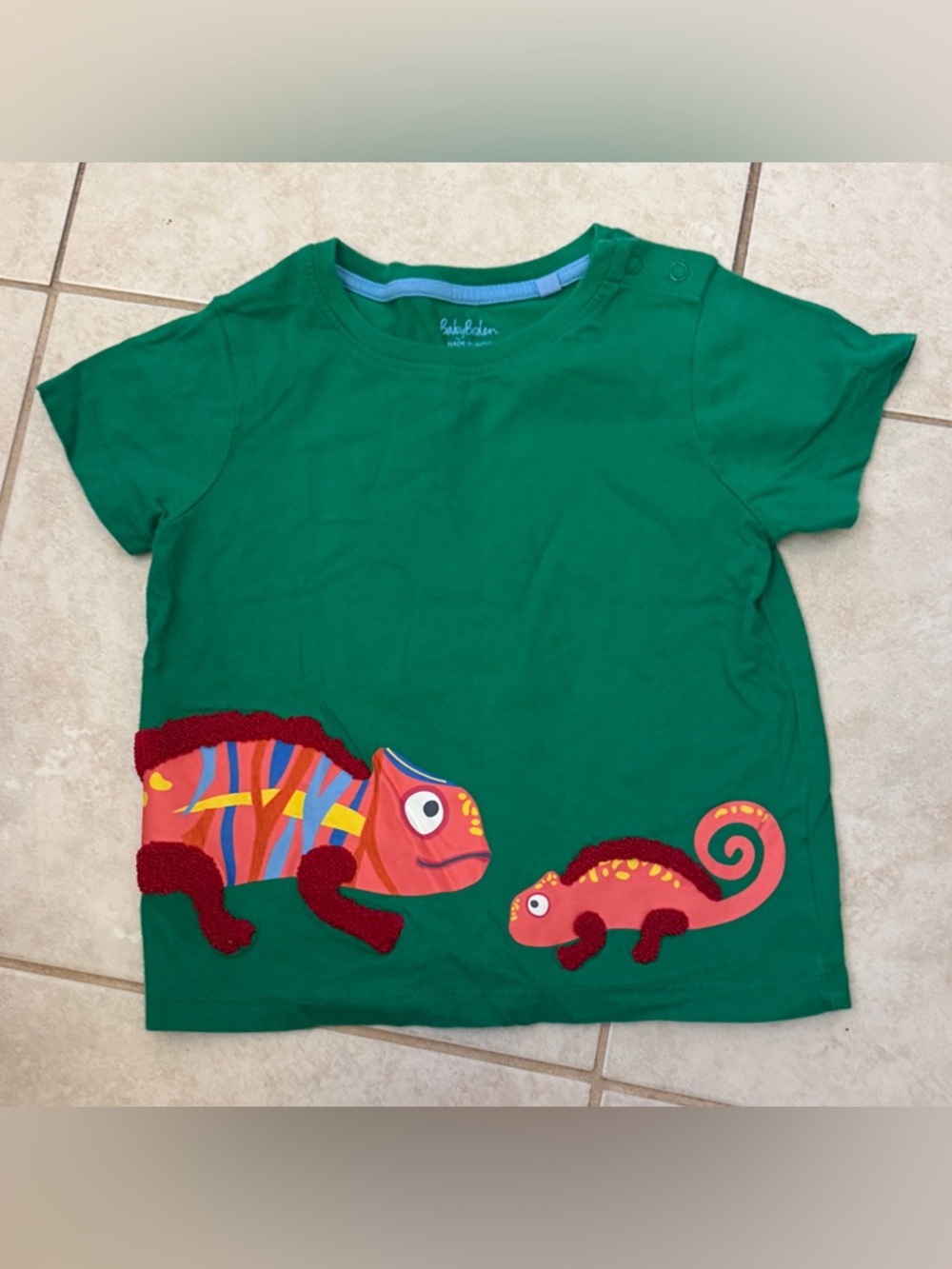 Mini Boden Green Tee with Colorful Chameleon Appliqués